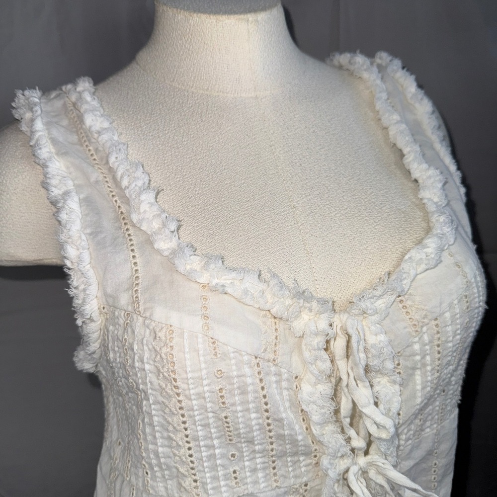ZARA Women Cream Eyelet Tie Front Ruffle Trim Sleeveless Top Size S Chic - Picture 3 of 11